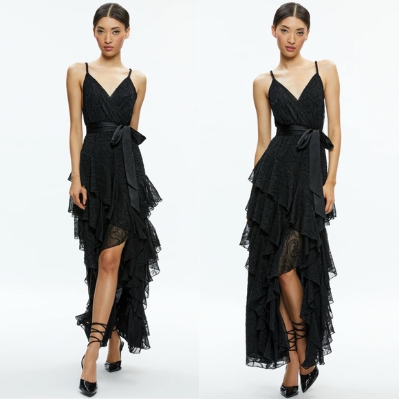 Alice + Olivia Emelia Silk V-neck Eyelet Ruffle Maxi Dress In Black - 6 - Picture 2 of 7